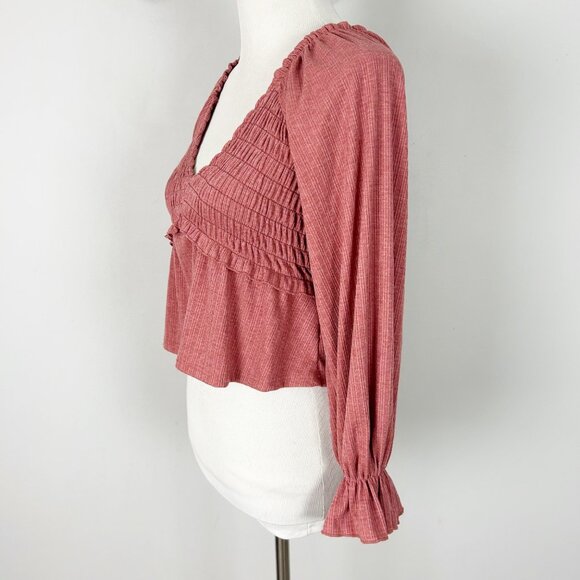 Altar’d State Mauve Pink Cropped Long Sleeve Top Smocked Size Small Women's - Picture 2 of 4